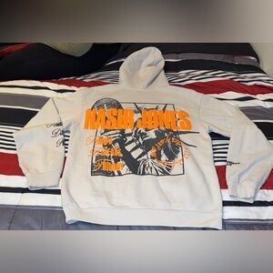 Beige Nasir Jones NAS HIPHOP Graphic Hoodie with Orange Lettering Sz Large
